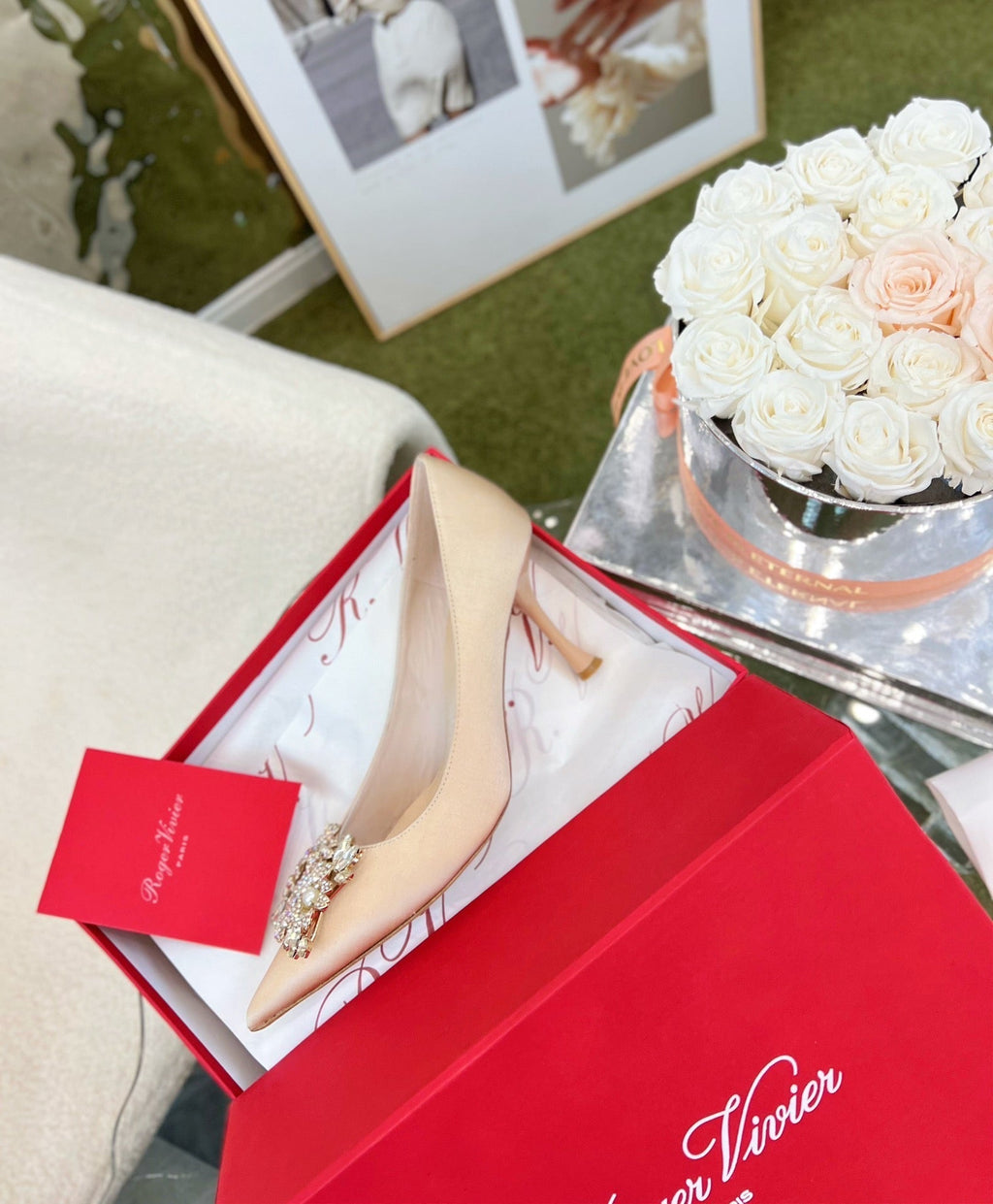 EFFLORESCENCE POINTED-TOE PUMPS IN NUDE SATIN WITH CRYSTAL BUCKLE