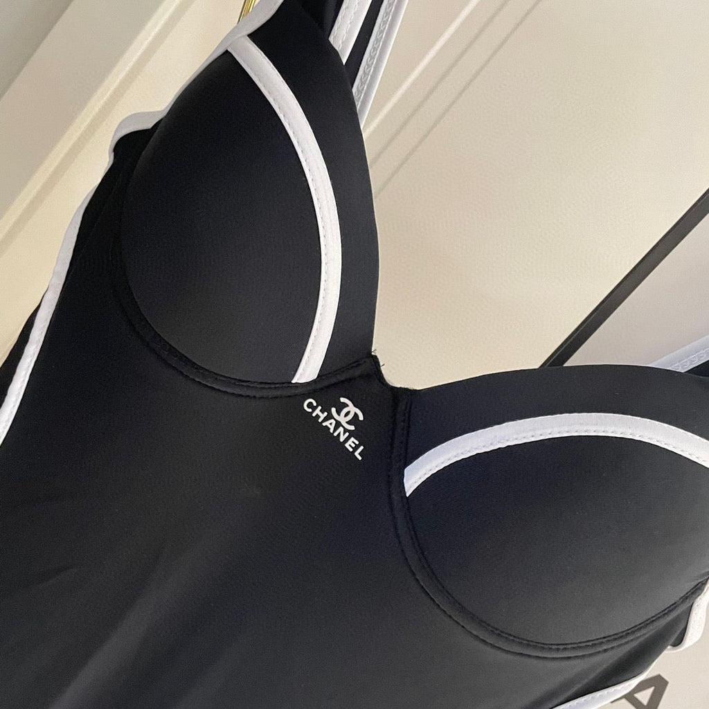 CHANEL SWIMSUIT BODYSUIT IN BLACK AND WHITE STRIPED 627831
